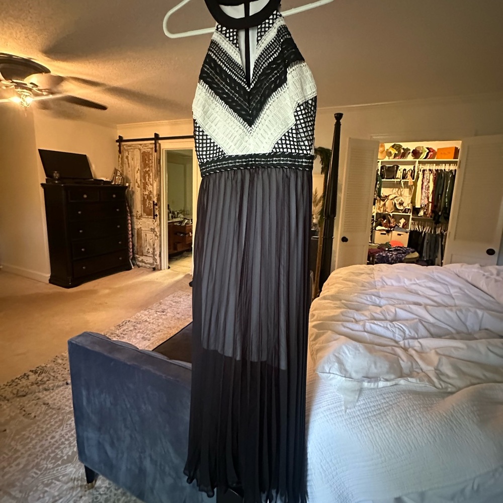 GUESS Black and White Halter Dress with crochet top and pleated sheer skirt